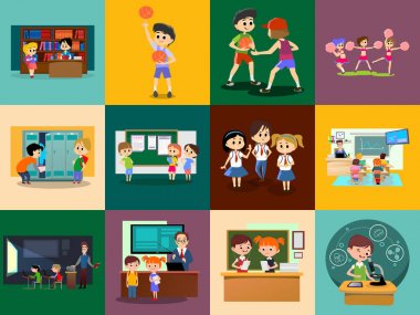 Geri okul seti pictographs, çocuk hayat gazete ve Kütüphane, erkek basketbol kızlar amigo takım, öğretmen, sınıf, Profesör ders üniversite, vektör çizim Bina öğrenciler ile