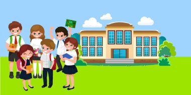 Okul kavramı afiş için geri, çocukların yakın okul bina ve mutlu eğitim öğretim yılı başında öğrenciler üniforma girilen üniversite vektör çizim ve sırt çantaları ile stand