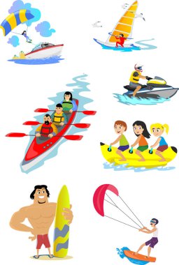 Su doğa sporları simgelerin ayarlamak, izole tasarım öğeleri yaz tatil aktivitesi için eğlenceli kavramı, karikatür dalga sörf, deniz plaj vektör çizim, aktif yaşam tarzı macera