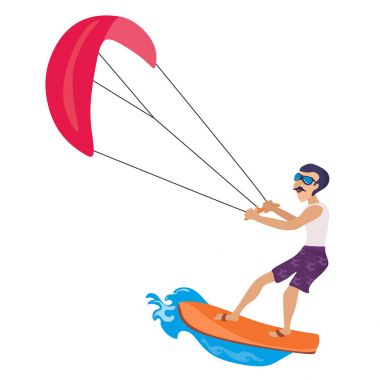 Kitesurfing su doğa sporları, tasarım öğesi yaz tatil etkinlik kavramı, karikatür dalga sörf, deniz plaj vektör çizim, aktif yaşam tarzı macera için izole