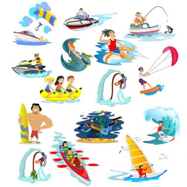 Su doğa sporları simgelerin ayarlamak, izole tasarım öğeleri yaz tatil aktivitesi için eğlenceli kavramı, karikatür dalga sörf, deniz plaj vektör çizim, aktif yaşam tarzı macera