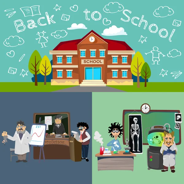 Geri okul seti pictographs, çocuk hayat gazete ve Kütüphane, erkek basketbol kızlar amigo takım, öğretmen, sınıf, Profesör ders üniversite, vektör çizim Bina öğrenciler ile