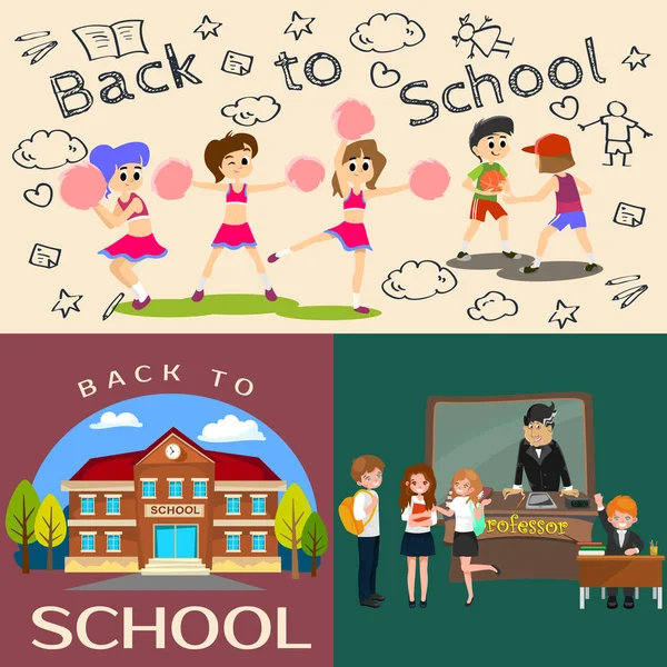 Geri okul seti pictographs, çocuk hayat gazete ve Kütüphane, erkek basketbol kızlar amigo takım, öğretmen, sınıf, Profesör ders üniversite, vektör çizim Bina öğrenciler ile