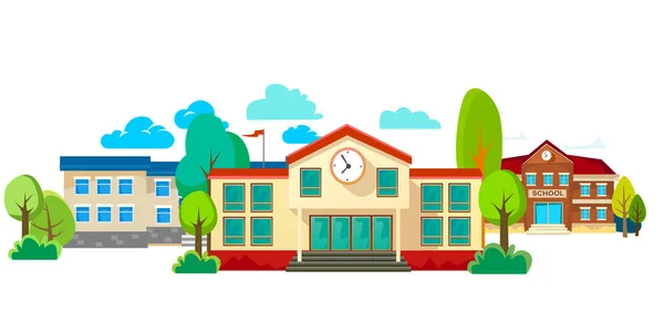 Moderno edificio de la escuela exterior, estudiante concepto de ciudad, escuela primaria fachada calle urbana fondo, icono vector ilustración — Vector de stock