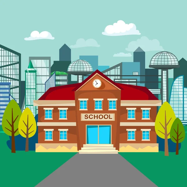 Modern iskola épületek külső, diák város fogalma, általános iskola homlokzati városi utcai háttér, ikon-vektoros illusztráció — Stock Vector
