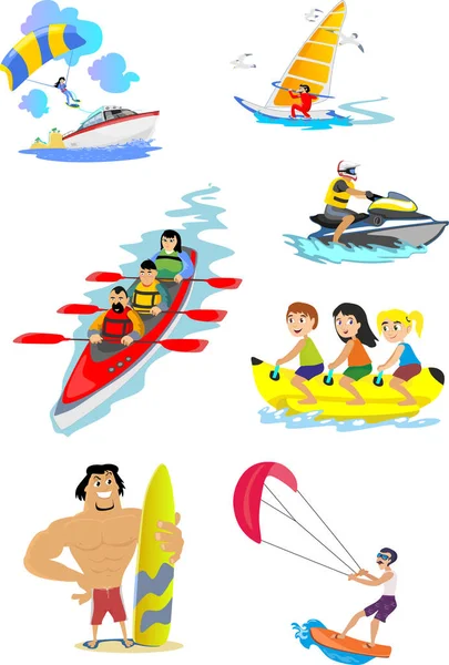 Набір водних екстремальних спортивних значків, ізольовані елементи дизайну для літньої відпустки весела концепція, серфінг з мультяшною хвилею, морський пляж Векторні ілюстрації, пригоди активного способу життя — стоковий вектор