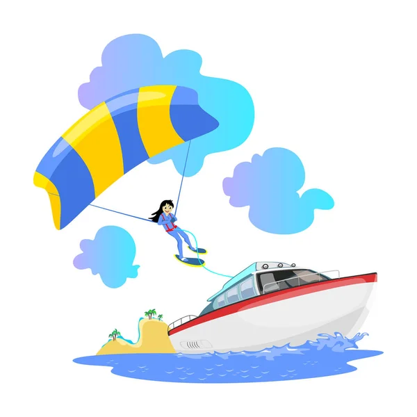 Parasailing water extreme sports backgrounds, isolated design elements for summer vacation activity fun concept, cartoon wave surfing, sea beach vector illustration, active lifestyle adventure — Stock Vector