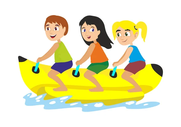 Bananenboot Wasser Extremsport, isoliertes Design-Element für Sommerurlaub Aktivitätskonzept, Cartoon-Wellenreiten, Meer Strand Vektor Illustration, aktives Lifestyle-Abenteuer — Stockvektor