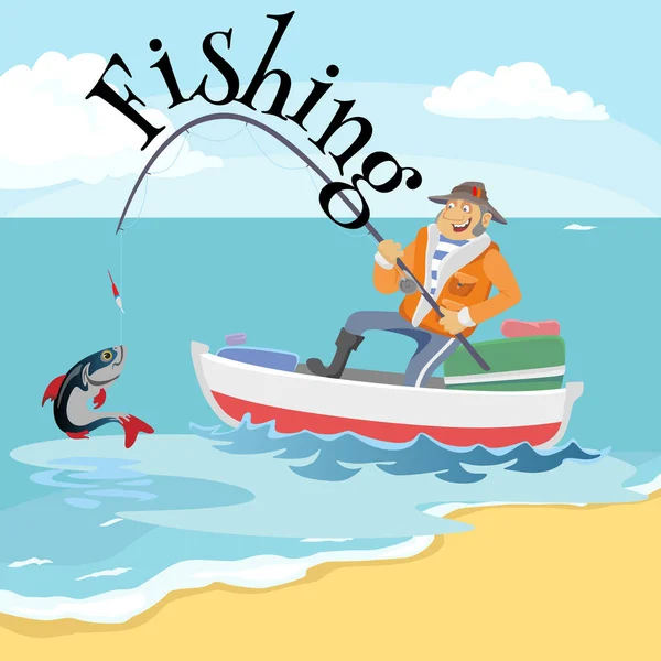 Sombrero de pescador plano se sienta en el barco con caña de pescar curricán en la mano y captura cubo, Fishman ganchillo girar en el mar esperando gran pez divertido vector ilustración, Hombre concepto de bandera activa . — Vector de stock