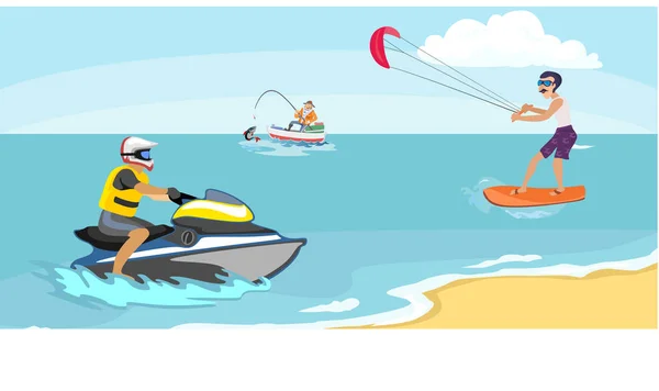 Jet ski water extreme sports, isolated design element for summer vacation activity concept, cartoon wave surfing, sea beach vector illustration, active lifestyle adventure — Stock Vector