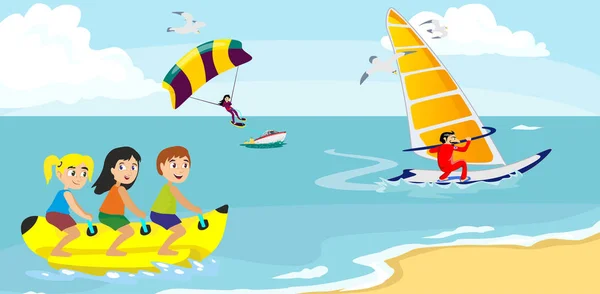 banana boat water extreme sports, isolated design element for summer vacation activity concept, cartoon wave surfing, sea beach vector illustration, active lifestyle adventure