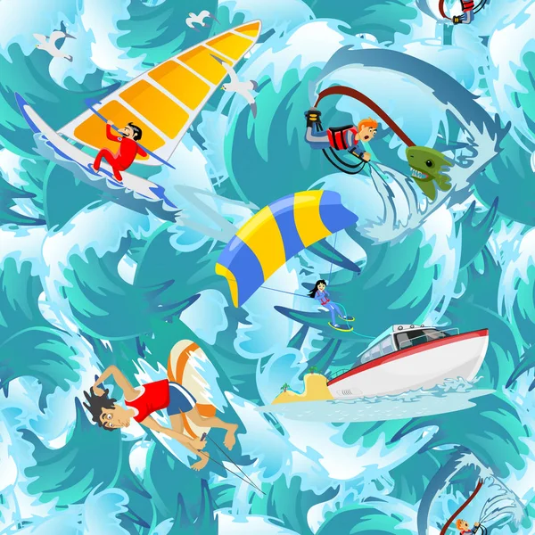 Water extreme sports seamless patterns, design elements for summer vacation activity textile, cartoon wave surfing, sea beach vector illustration, active lifestyle adventure