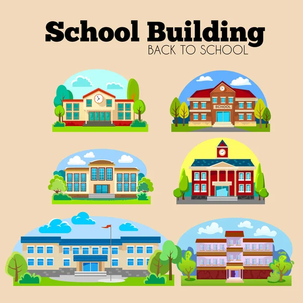 Modern iskola épületek külső, diák város fogalma, általános iskola homlokzati városi utcai háttér, ikonok beállítása vektoros illusztráció — Stock Vector