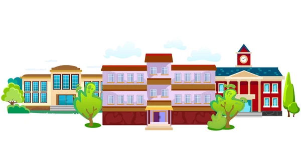 Edifícios escolares modernos exterior, conceito de cidade estudantil, escola elementar fachada urbana rua fundo, ícone vetor ilustração — Vetor de Stock