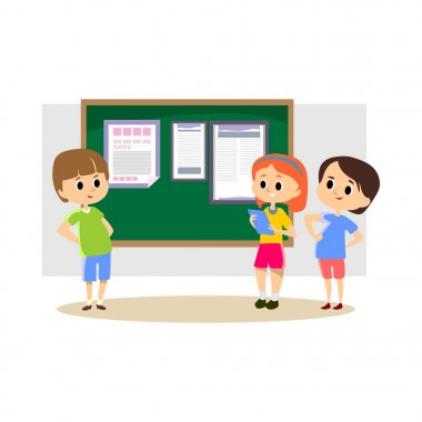 Happy children stand by the school newspaper hanging on the blackboard, kins with papers reading news, fun student campus life vector illustration clipart