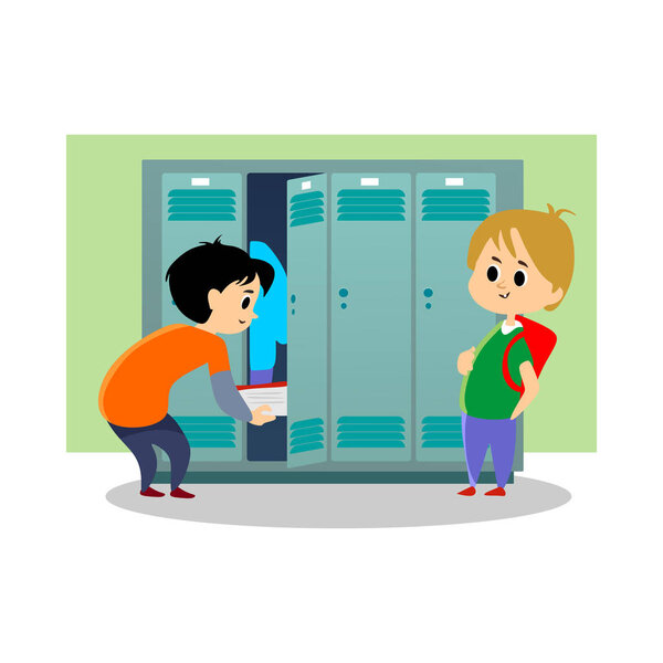 Children boys near lockers in the locker room of the school dress up and put their personal belongings and books for study in open doors, school hallway and campus life vector illustration