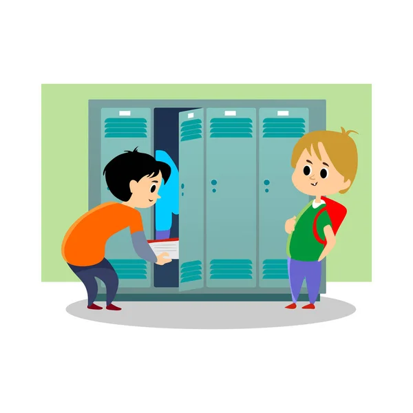Children boys near lockers in the locker room of the school dress up and put their personal belongings and books for study in open doors, school hallway and campus life vector illustration — Stock Illustration Children boys near lockers in the locker room of the school dress up and put their personal belongings and books for study in open doors, school hallway and campus life vector illustration Stock Vector