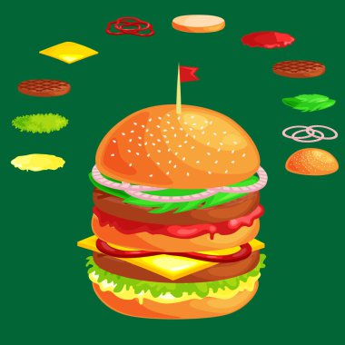 Set of burger grilled beef vegetables dressed with sauce bun snack, hamburger fast food meal menu barbecue meat with detailed individual flying slices menu ingredients vecor illustration background clipart