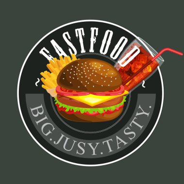 Lezzetli hamburger ızgara sığır eti ve taze sebze atıştırmak, soğuk gazoz kahverengi buz içki vecor resimde arka plan ile Amerikan hamburger fast food yemek patates kızartması için sos topuz ile giyinmiş