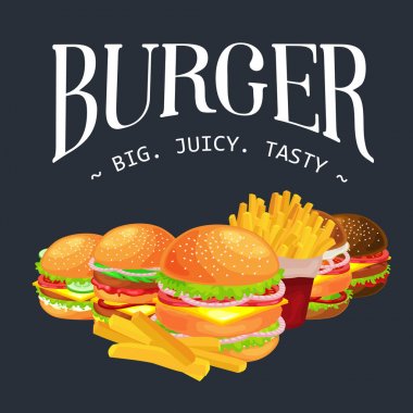 Lezzetli hamburger ızgara sığır eti ve taze sebze atıştırmak, soğuk gazoz kahverengi buz içki vecor resimde arka plan ile Amerikan hamburger fast food yemek patates kızartması için sos topuz ile giyinmiş