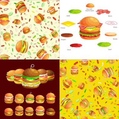 Izgara burger sığır eti ve taze sebze sos topuz aperatif, detaylı uçan dilimleri menü malzemeler vecor çizim ile Amerikan hamburger fastfood barbekü et yemek Hamburger ile giyinmiş