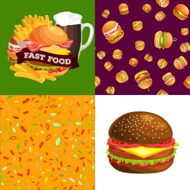 Izgara burger sığır eti ve taze sebze giyinmiş sos bun için meze, Amerikan hamburger fast food barbekü et yemek ekmek domates peynir, Hamburger vecor resimde arka plan ile