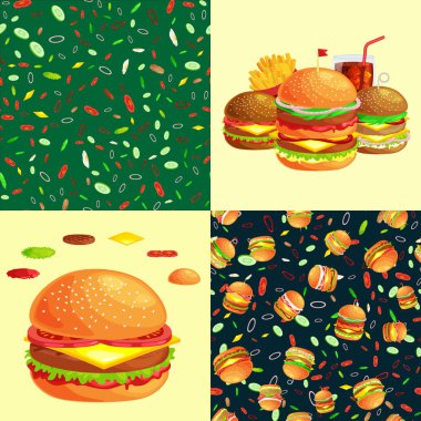 Izgara burger sığır eti ve taze sebze giyinmiş sos bun için meze, Amerikan hamburger fast food barbekü et yemek ekmek domates peynir, Hamburger vecor resimde arka plan ile