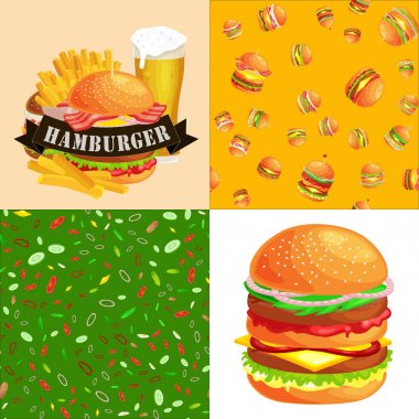 Izgara burger sığır eti ve taze sebze giyinmiş sos bun için meze, Amerikan hamburger fast food barbekü et yemek ekmek domates peynir, Hamburger vecor resimde arka plan ile