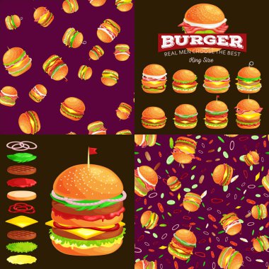 Izgara burger sığır eti ve taze sebze giyinmiş sos bun için meze, Amerikan hamburger fast food barbekü et yemek ekmek domates peynir, Hamburger vecor resimde arka plan ile