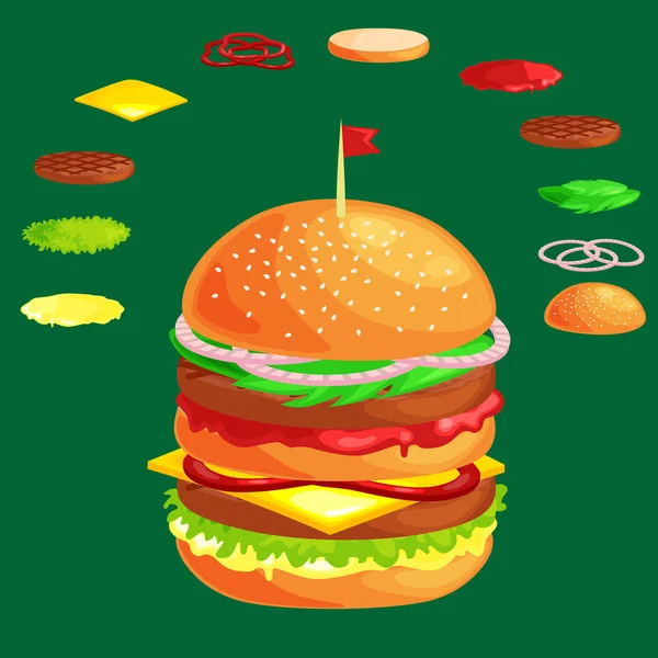 Ensemble de hamburger de bœuf grillé légumes habillés de sauce pain collation, hamburger menu repas rapide barbecue viande avec détail individuel tranches volantes menu ingrédients vecor illustration arrière-plan — Image vectorielle