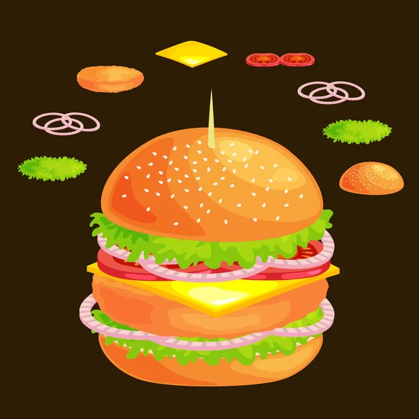 Set Hamburger gegrild rundvlees groenten gekleed met saus broodje snack, hamburger fast-food maaltijd menu barbecue vlees met gedetailleerde individuele vliegende segmenten menu ingrediënten vecor afbeelding achtergrond — Stockvector