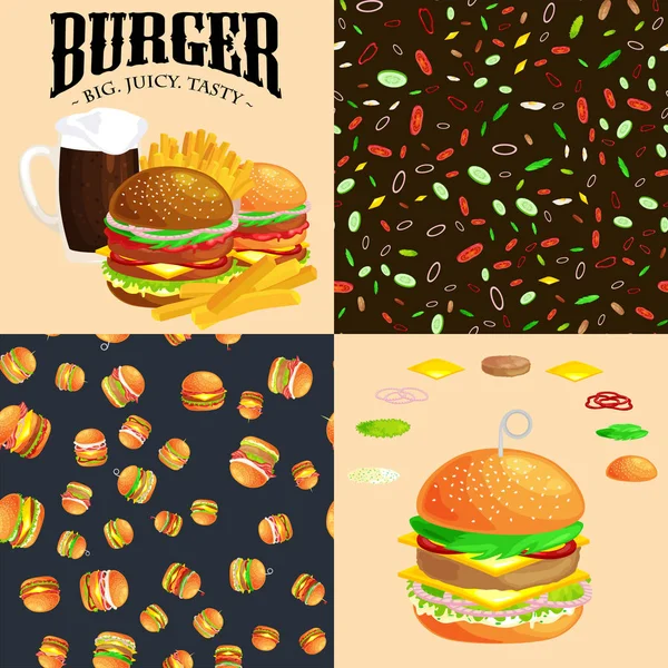 Izgara burger sığır eti ve taze sebze giyinmiş sos bun için meze, Amerikan hamburger fast food barbekü et yemek ekmek domates peynir, Hamburger vecor resimde arka plan ile — Stok Vektör
