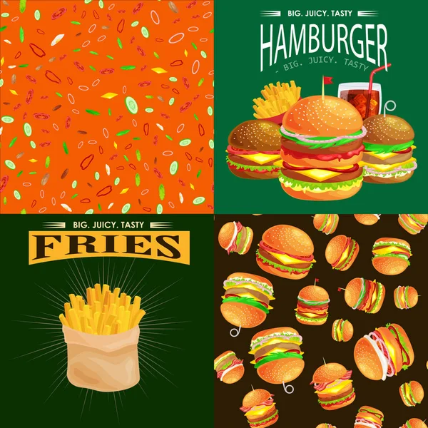 Izgara burger sığır eti ve taze sebze sos topuz aperatif Amerikan hamburger fastfood barbekü et yemek ile Hamburger menü malzemeler vecor resimde ayrıntılı uçan dilimleri ile giyinmiş — Stok Vektör