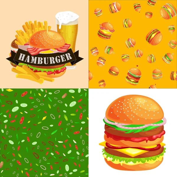 Izgara burger sığır eti ve taze sebze giyinmiş sos bun için meze, Amerikan hamburger fast food barbekü et yemek ekmek domates peynir, Hamburger vecor resimde arka plan ile