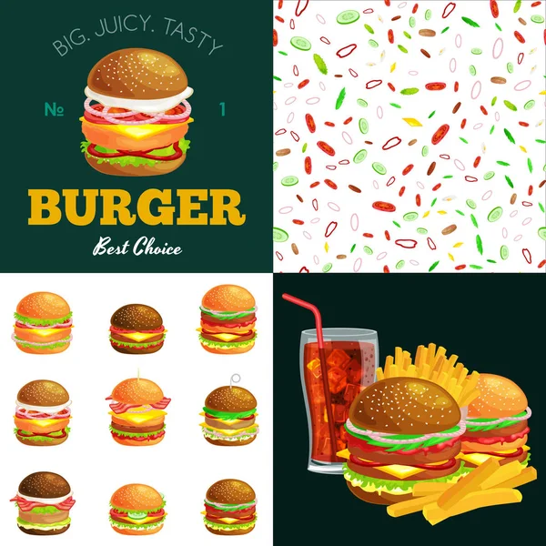 Izgara burger sığır eti ve taze sebze sos topuz aperatif Amerikan hamburger fastfood barbekü et yemek ile Hamburger menü malzemeler vecor resimde ayrıntılı uçan dilimleri ile giyinmiş