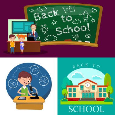 Geri kavramı, College, sınıfta ders okul bina okul öğretmen çocuk ders öğrencilerin, önünde Resepsiyon yakınındaki açıklar eğitim kavramı vektör çizim, Kampüs hayatı