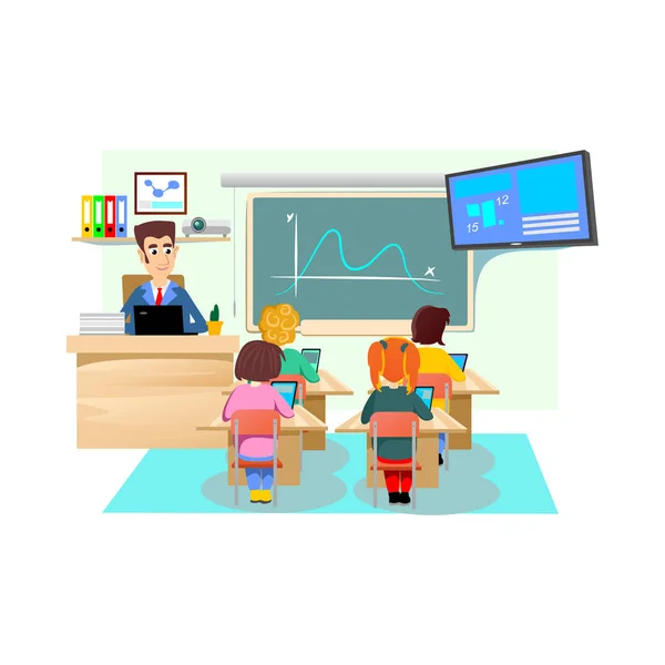 Lesson in classroom at school or college, teacher explains lesson near desk in front of students, Children sit on chairs at their desks table to listen teacher, education concept vector illustration — Stock Vector