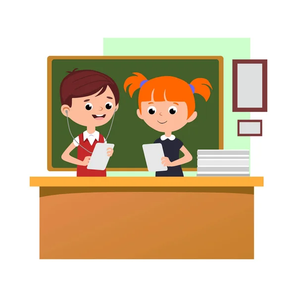 Students are engaged in classoom, boy and girl at table near blackboard are holding papers in their hands and doing homework, listening to the tasks in the headphones — Stock Vector