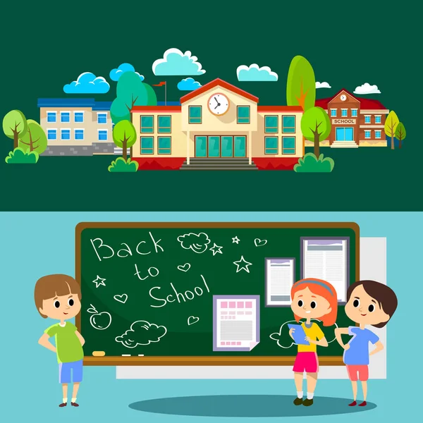 Geri kavramı, College, sınıfta ders okul bina okul öğretmen çocuk ders öğrencilerin, önünde Resepsiyon yakınındaki açıklar eğitim kavramı vektör çizim, Kampüs hayatı