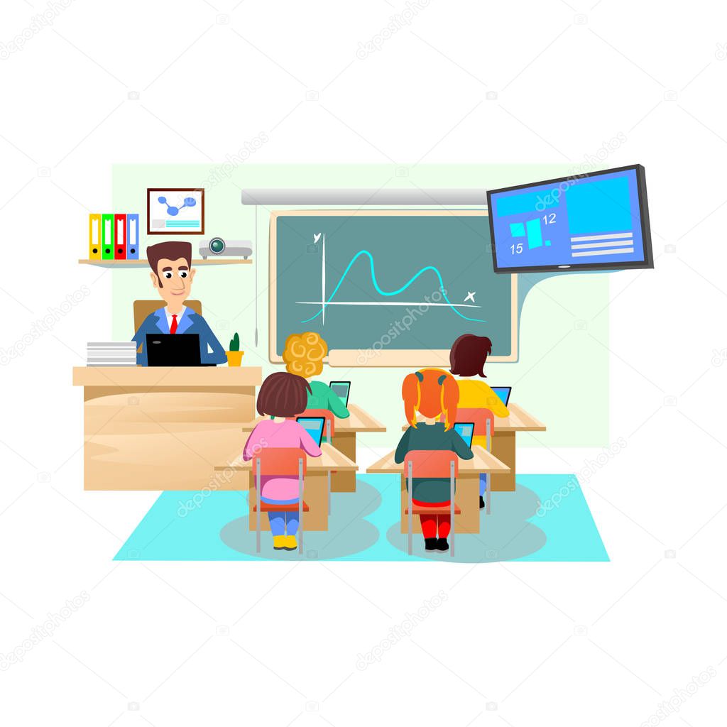 Lesson in classroom at school or college, teacher explains lesson near desk in front of students, Children sit on chairs at their desks table to listen teacher, education concept vector illustration