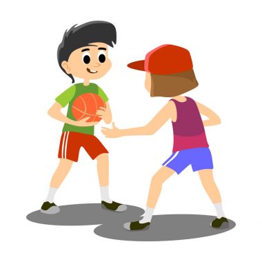 mutlu çocuklar okul etkinlik, çocuk spor takımı, çocuk eğlenin ve stadyum, izole etkin oyun arka plan vektör çizim sahada basketbol topu ile oynamak