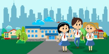 Okul kavramı afiş için geri, çocukların yakın okul bina ve mutlu eğitim öğretim yılı başında öğrenciler üniforma girilen üniversite vektör çizim ve sırt çantaları ile stand