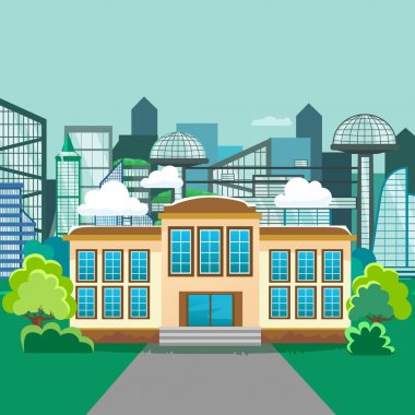 Modern okul binaların dış, öğrenci şehir kavramı, İlköğretim Okulu cephe kentsel sokak arka plan, simge vektör çizim