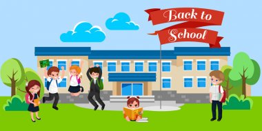 Okul kavramı afiş için geri, çocukların yakın okul bina ve mutlu eğitim öğretim yılı başında öğrenciler üniforma girilen üniversite vektör çizim ve sırt çantaları ile stand