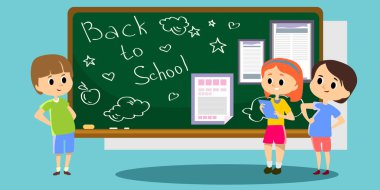 Mutlu çocuk tahtaya soyu belgeleriyle haber okuma asılı okul gazetesi beklemede kalın, öğrenci Kampüs hayatı vektör çizim eğlenceli