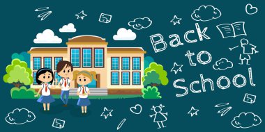 Okul kavramı afiş için geri, çocukların yakın okul bina ve mutlu eğitim öğretim yılı başında öğrenciler üniforma girilen üniversite vektör çizim ve sırt çantaları ile stand