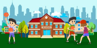 mutlu çocuklar okul etkinlik, çocuk spor takımı, çocuk eğlenin ve stadyum, izole etkin oyun arka plan vektör çizim sahada basketbol topu ile oynamak