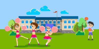 ponpon pom poms, genç kız okul takım kavramı, ilköğretim ve lise spor aktivite vektör çizim ile üniformalı dans