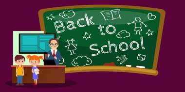 Okul veya üniversite, öğretmen sınıfta ders ders öğrencilerin önünde Resepsiyon yakınındaki açıklar, Çocuk koltukları, öğretmen, eğitim kavramı vektör çizim dinlemek için masalar masalarına oturmak