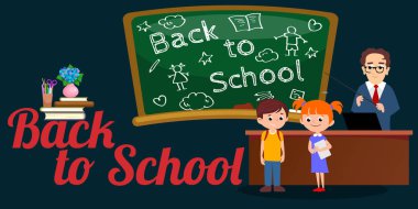 Okul veya üniversite, öğretmen sınıfta ders ders öğrencilerin önünde Resepsiyon yakınındaki açıklar, Çocuk koltukları, öğretmen, eğitim kavramı vektör çizim dinlemek için masalar masalarına oturmak